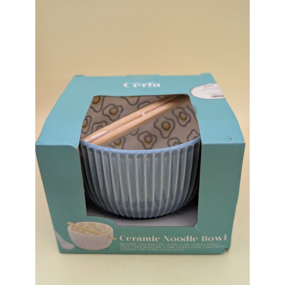 Cerra Ceramic Noodle Bowl Set Blue Ribbed Eggs Ramen Pho Chopsticks Spoon NIB